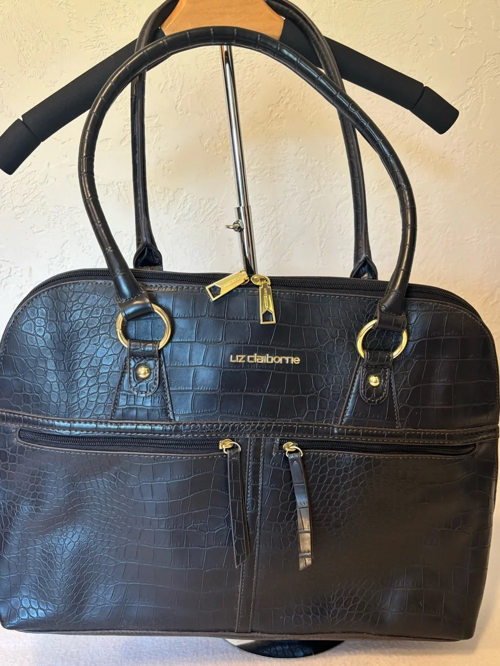 Liz Claiborne Black Croc Embossed PVC Laptop Travel Tote Carryall Bag